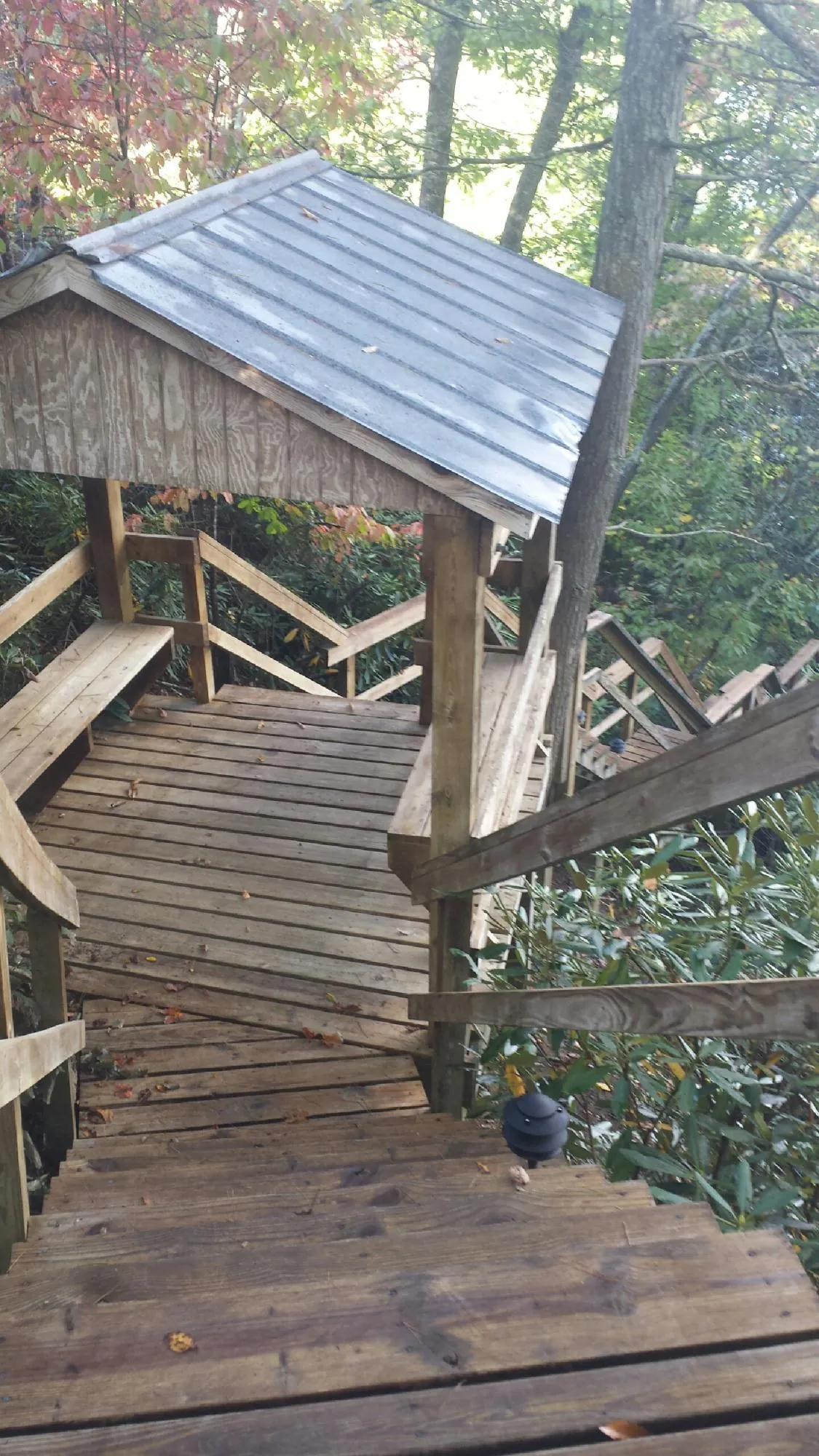 Metal roofed shelter over wooden steps on a wooded walkway — Skylight Repair & Installation work by our crew in New Ulm